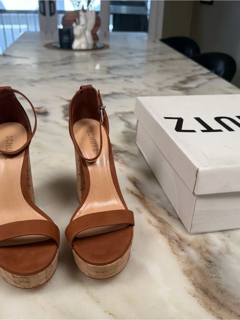BNIB Schutz Brown Nubuck Cork Platform Ankle-Strap Sandals, size 8